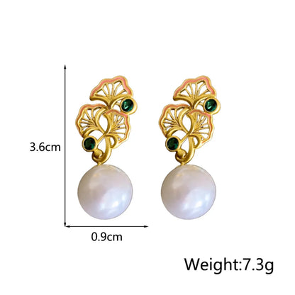 1 Pair Elegant Simple Style Ginkgo Leaf Hollow Out Inlay Copper Artificial Pearls Zircon Drop Earrings