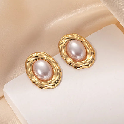 1 Pair Elegant Simple Style Oval Plating Inlay 304 Stainless Steel Pearl 14K Gold Plated Earrings Ear Studs