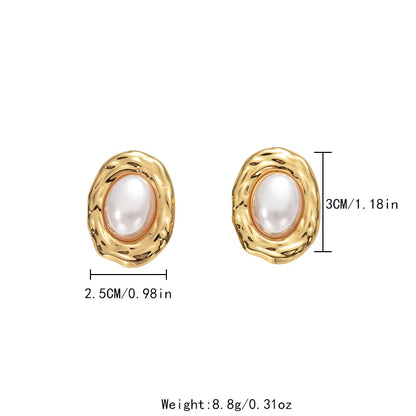 1 Pair Elegant Simple Style Oval Plating Inlay 304 Stainless Steel Pearl 14K Gold Plated Earrings Ear Studs