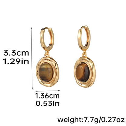 1 Pair Elegant Simple Style Oval Plating Inlay Copper Tiger Eye Obsidian 18k Gold Plated Drop Earrings