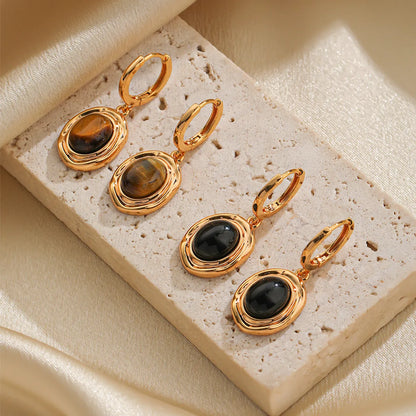 1 Pair Elegant Simple Style Oval Plating Inlay Copper Tiger Eye Obsidian 18k Gold Plated Drop Earrings