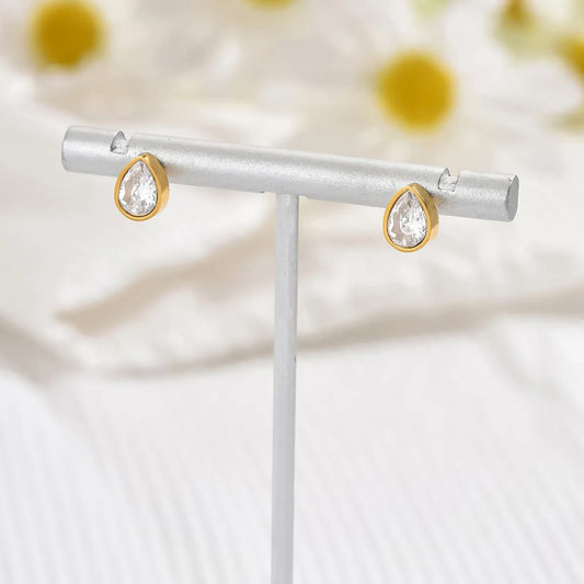 1 Pair Elegant Simple Style Oval Water Droplets Plating Inlay 304 Stainless Steel Zircon 14K Gold Plated Ear Studs