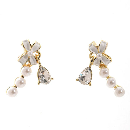 1 Pair Elegant Simple Style Pearl Bow Knot Alloy Rhinestone Drop Earrings