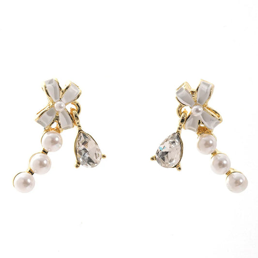 1 Pair Elegant Simple Style Pearl Bow Knot Alloy Rhinestone Drop Earrings