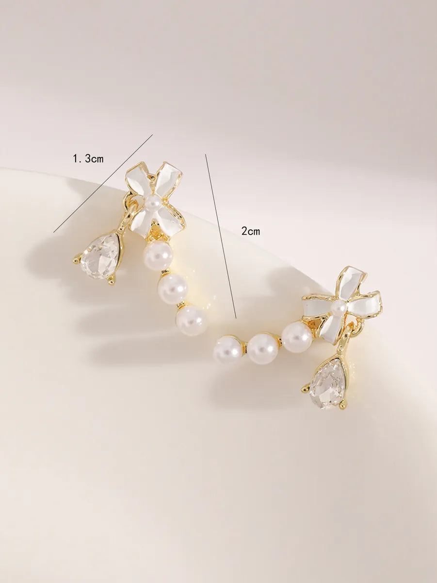 1 Pair Elegant Simple Style Pearl Bow Knot Alloy Rhinestone Drop Earrings