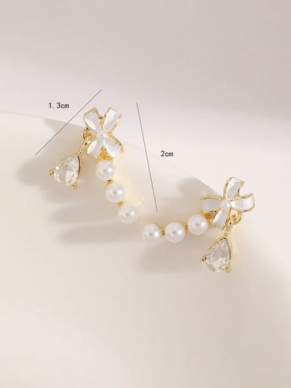 1 Pair Elegant Simple Style Pearl Bow Knot Alloy Rhinestone Drop Earrings