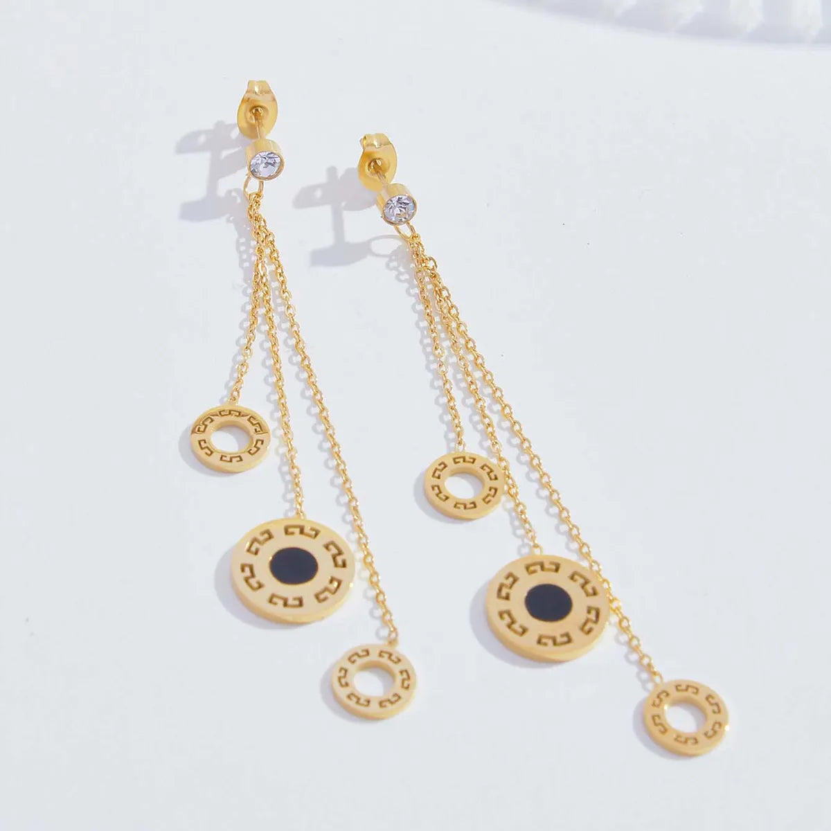 1 Pair Elegant Simple Style Round Plating Hollow Out Inlay Stainless Steel Zircon 18k Gold Plated Drop Earrings