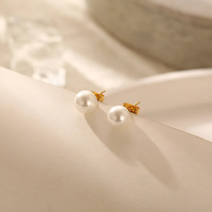 1 Pair Elegant Simple Style Round Plating Inlay 304 Stainless Steel Artificial Pearls 18K Gold Plated Ear Studs