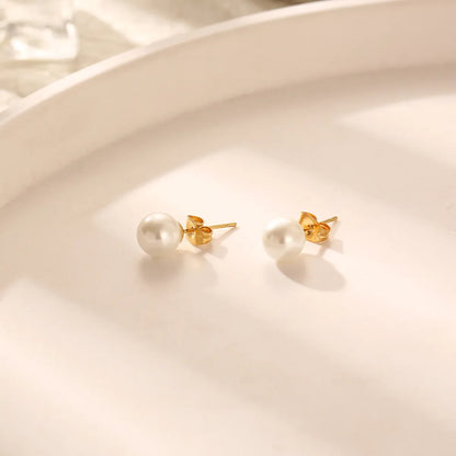 1 Pair Elegant Simple Style Round Plating Inlay 304 Stainless Steel Artificial Pearls 18K Gold Plated Ear Studs