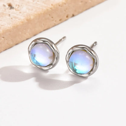 1 Pair Elegant Simple Style Round Polishing Plating Inlay Stainless Steel Moonstone 14k Gold Plated Ear Studs