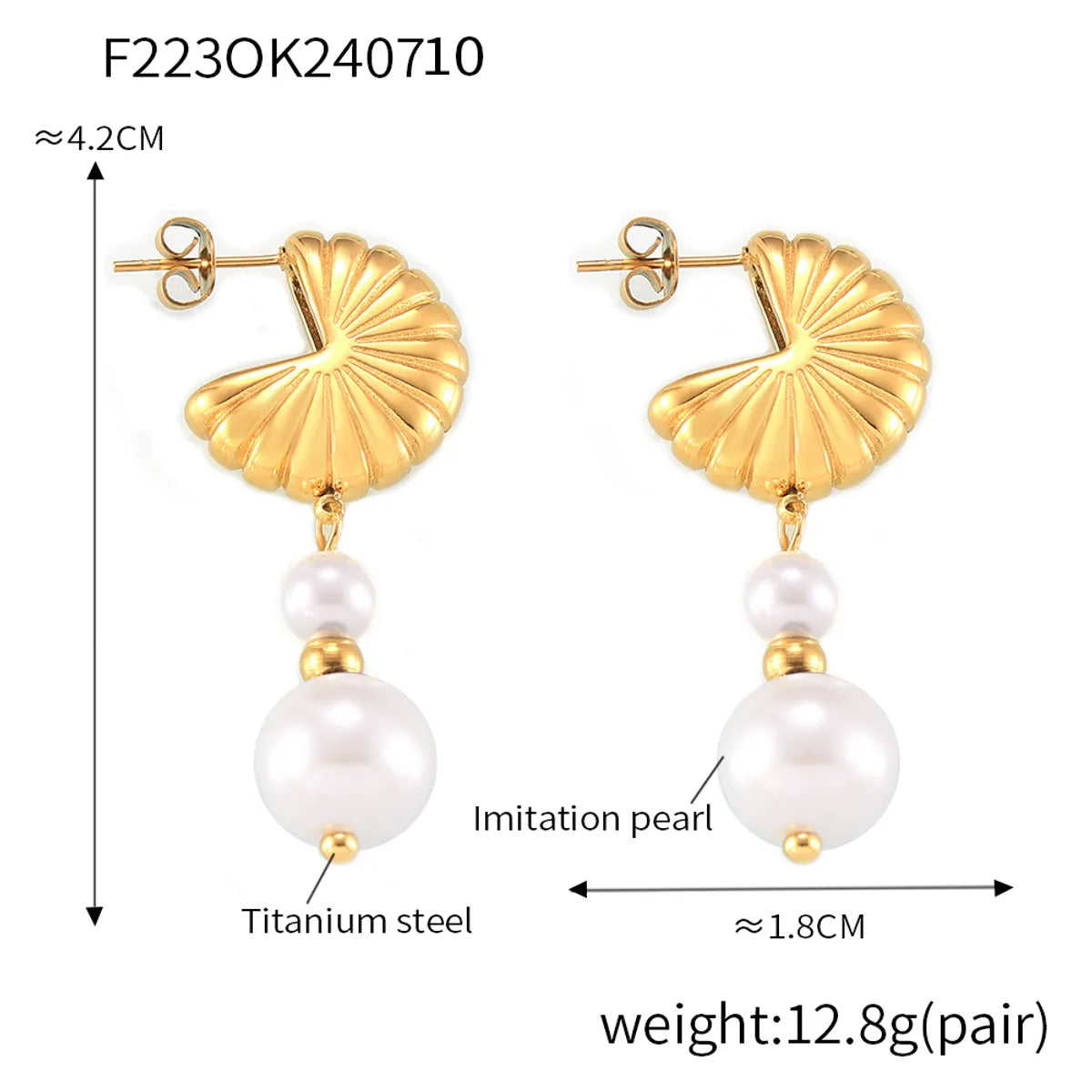 1 Pair Elegant Simple Style Sector Oval Beaded 304 Stainless Steel Artificial Pearl Natural Stone 18K Gold Plated Drop Earrings