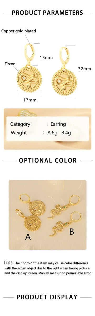 1 Pair Elegant Simple Style Snake Plating Inlay Copper Zircon 18k Gold Plated Drop Earrings