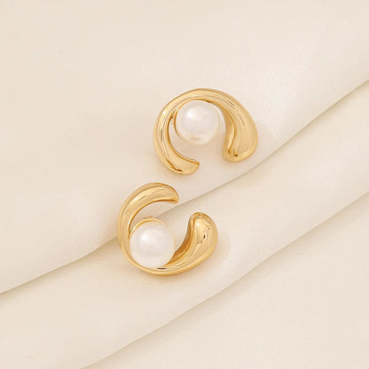 1 Pair Elegant Simple Style Solid Color Plating Inlay 304 Stainless Steel Pearl 18K Gold Plated Earrings