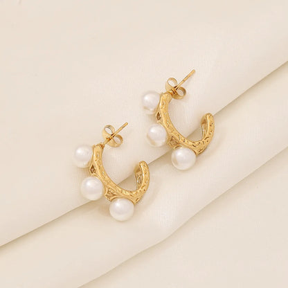 1 Pair Elegant Simple Style Solid Color Plating Inlay 304 Stainless Steel Pearl 18K Gold Plated Earrings