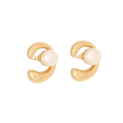 1 Pair Elegant Simple Style Solid Color Plating Inlay 304 Stainless Steel Pearl 18K Gold Plated Earrings