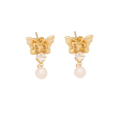 1 Pair Elegant Simple Style Solid Color Plating Inlay 304 Stainless Steel Pearl 18K Gold Plated Earrings