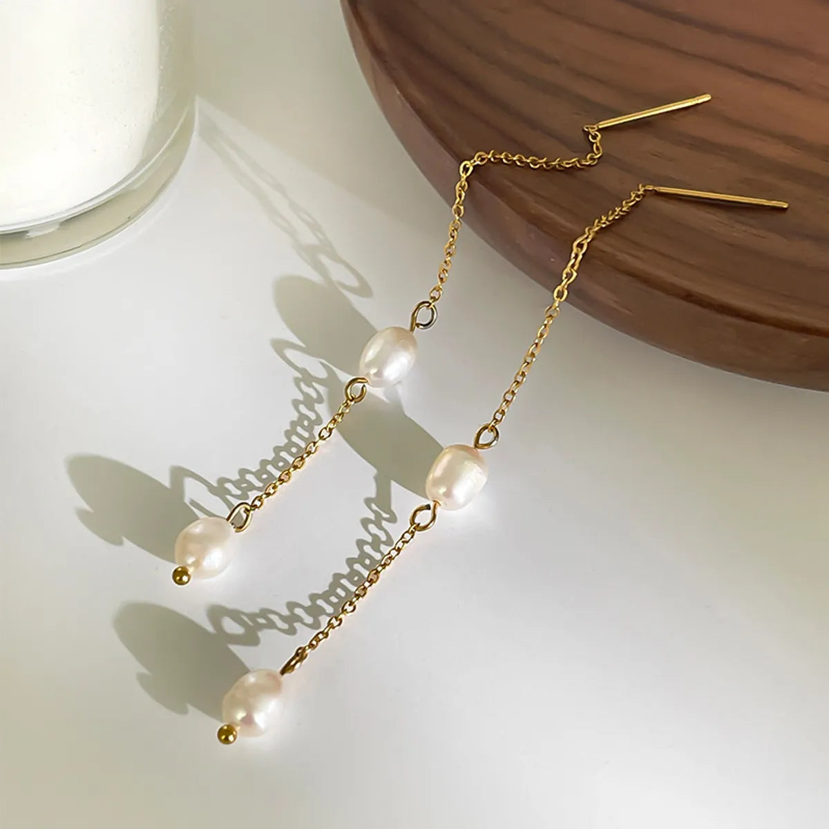 1 Pair Elegant Simple Style Solid Color Plating Inlay 316L Stainless Steel  Freshwater Pearl 18K Gold Plated Drop Earrings