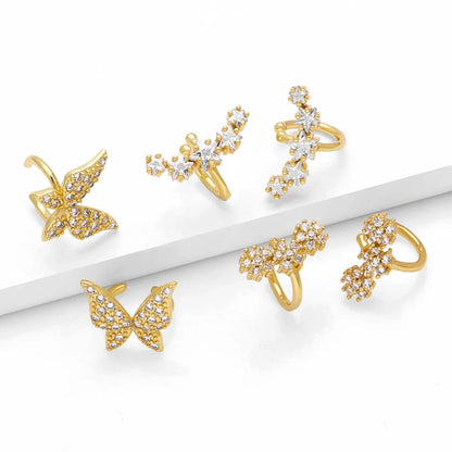 1 Pair Elegant Simple Style Star Flower Butterfly Copper Zircon 18K Gold Plated Ear Cuffs