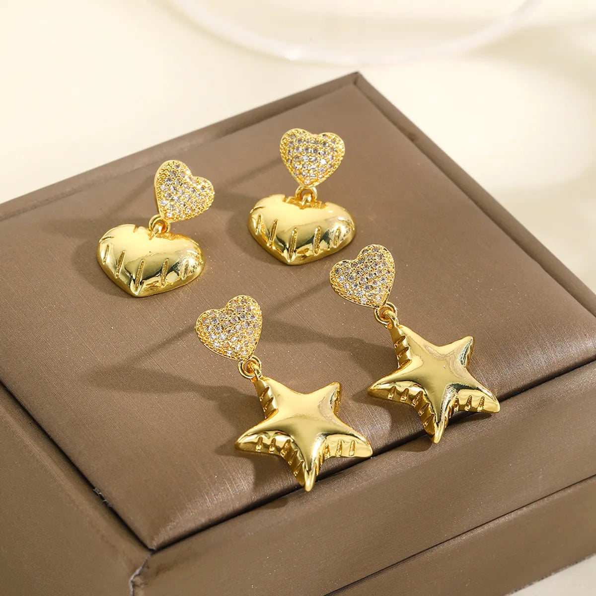 1 Pair Elegant Simple Style Star Heart Shape Copper Zircon 18K Gold Plated Drop Earrings