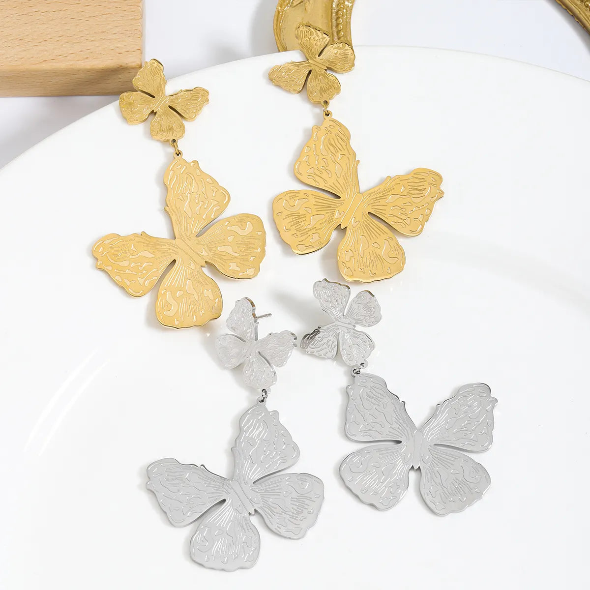 1 Pair Elegant Simple Style Tree Butterfly Polishing Plating Stainless Steel Silver Plated Drop Earrings