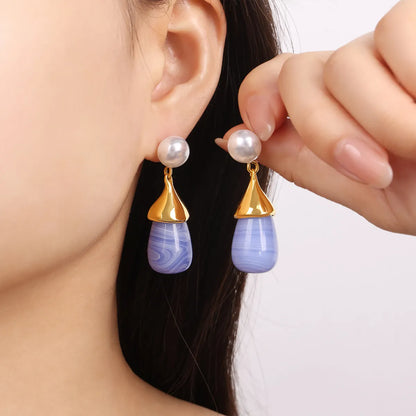 1 Pair Elegant Simple Style Water Droplets Plating Inlay Imitation Pearl Resin Titanium Steel Resin Drop Earrings