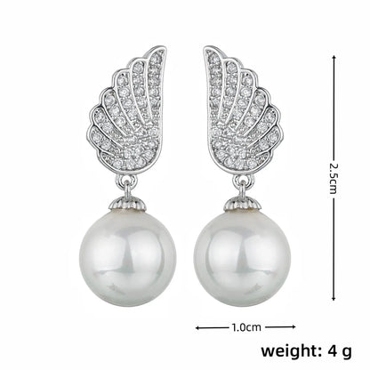 1 Pair Elegant Simple Style Wings Copper Alloy Pearl Zircon Drop Earrings