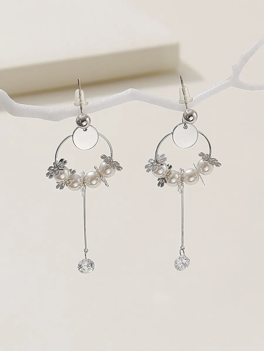 1 Pair Elegant Solid Color Flower Plating Hollow Out Inlay Alloy Artificial Diamond Drop Earrings