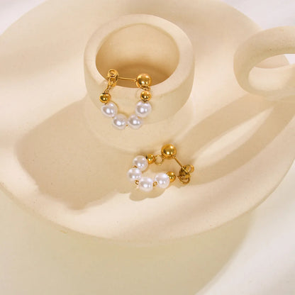 1 Pair Elegant Solid Color Inlay 304 Stainless Steel Artificial Pearls 18K Gold Plated Hoop Earrings