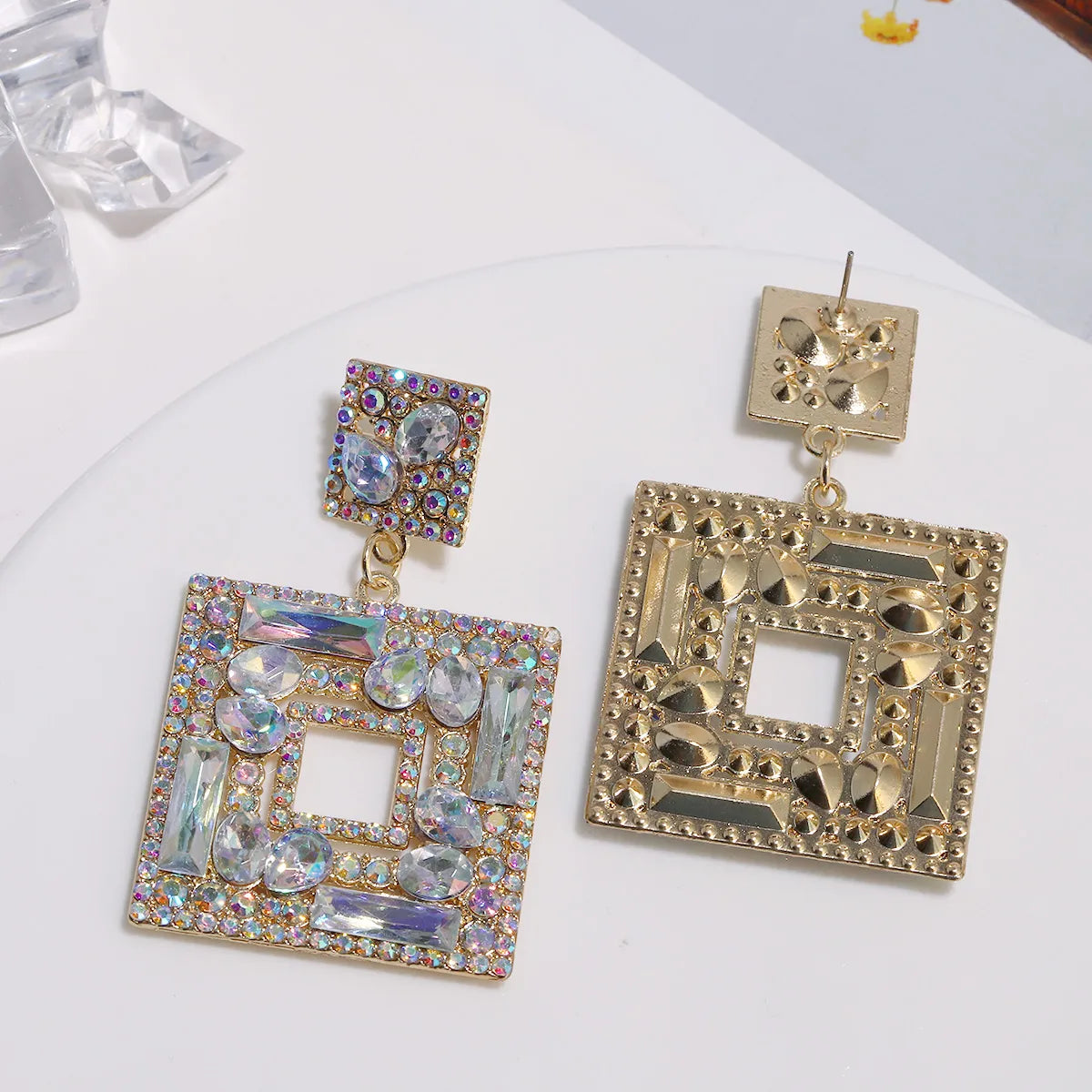 1 Pair Elegant Square Inlay Alloy Artificial Gemstones Drop Earrings