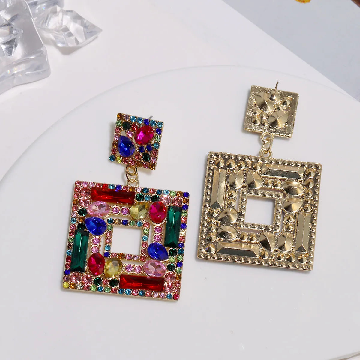 1 Pair Elegant Square Inlay Alloy Artificial Gemstones Drop Earrings