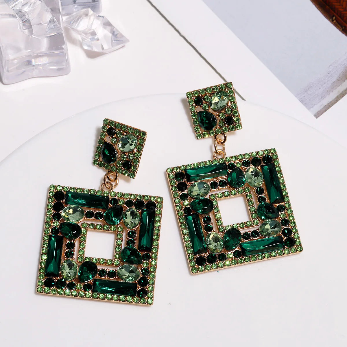 1 Pair Elegant Square Inlay Alloy Artificial Gemstones Drop Earrings