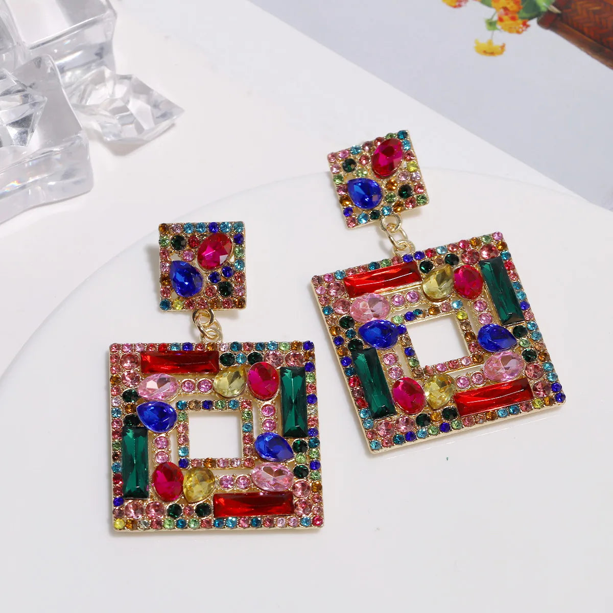 1 Pair Elegant Square Inlay Alloy Artificial Gemstones Drop Earrings