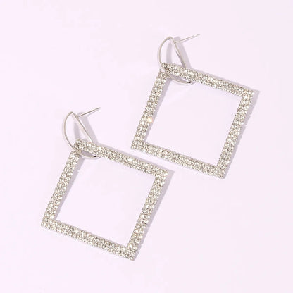 1 Pair Elegant Square Inlay Copper Rhinestones Rhodium Plated Drop Earrings