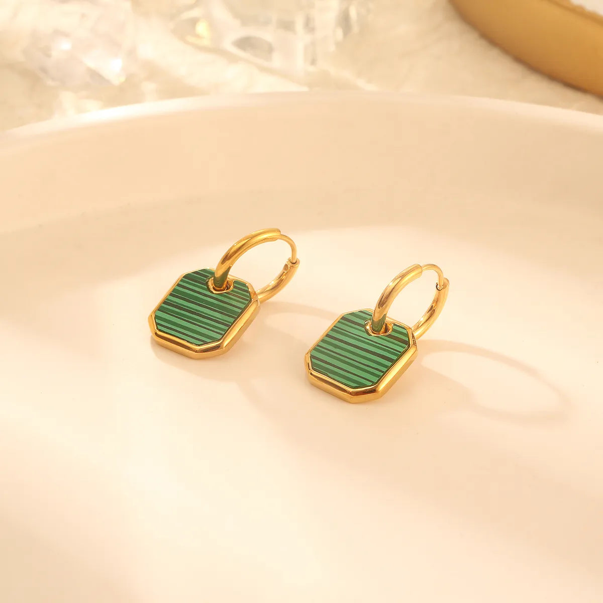 1 Pair Elegant Square Polishing Plating Inlay 304 Stainless Steel Malachite 18K Gold Plated Drop Earrings