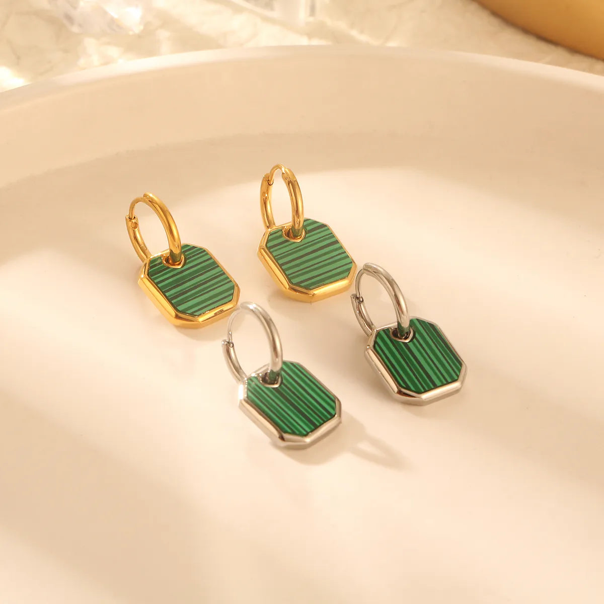 1 Pair Elegant Square Polishing Plating Inlay 304 Stainless Steel Malachite 18K Gold Plated Drop Earrings