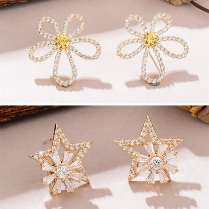 1 Pair Elegant Star Flower Plating Inlay Copper Zircon Gold Plated Ear Studs