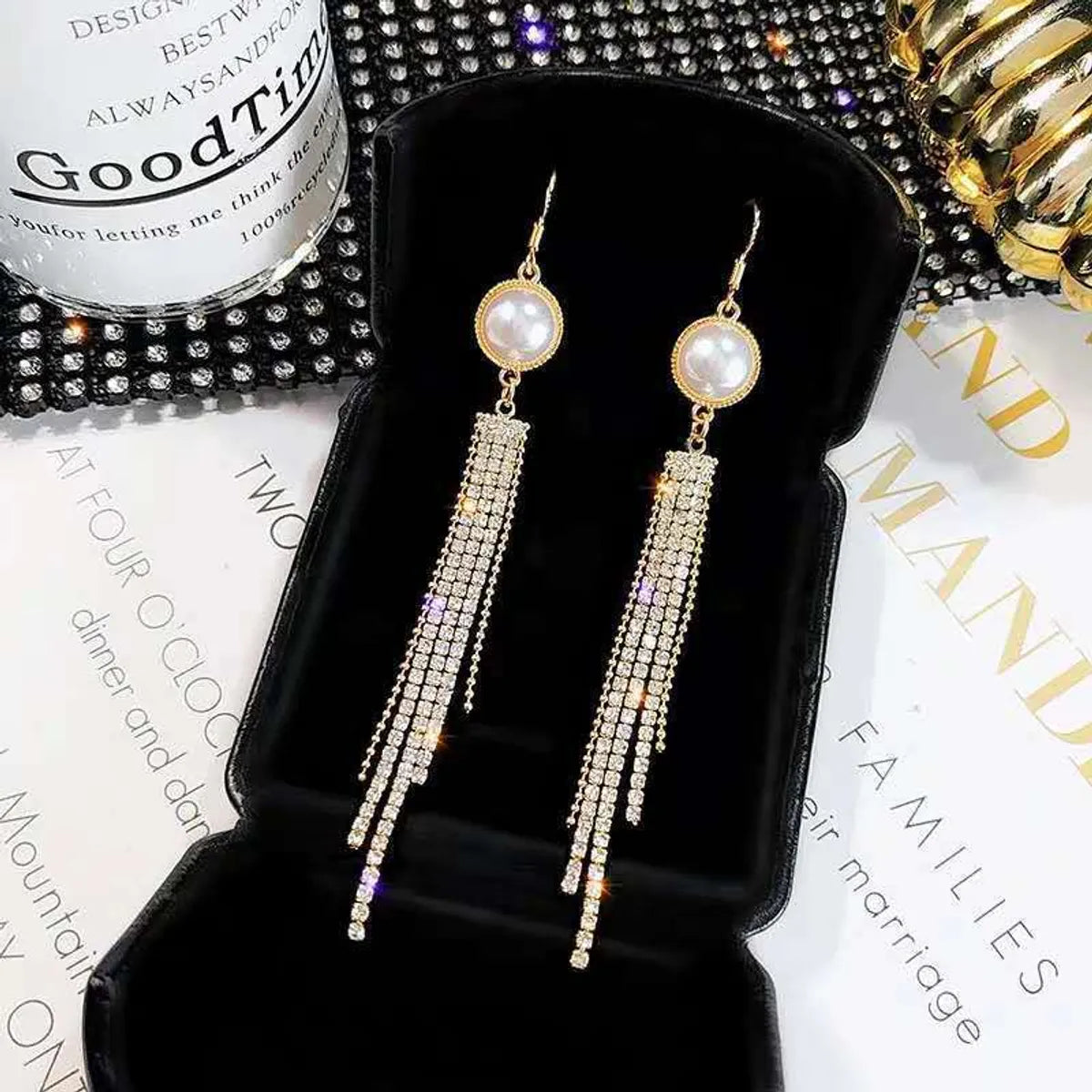 1 Pair Elegant Star Tassel Heart Shape Inlay Alloy Artificial Pearls Rhinestones Glass Earrings