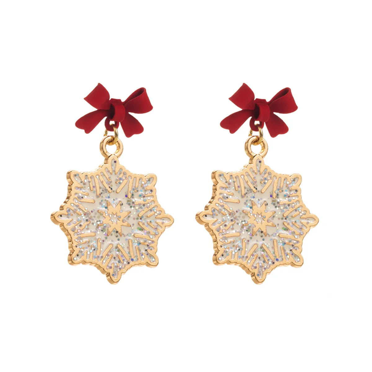 1 Pair Elegant Streetwear Bow Knot Snowflake Enamel Alloy Gold Plated Drop Earrings