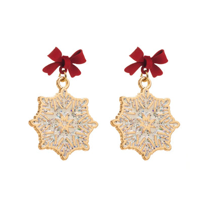 1 Pair Elegant Streetwear Bow Knot Snowflake Enamel Alloy Gold Plated Drop Earrings