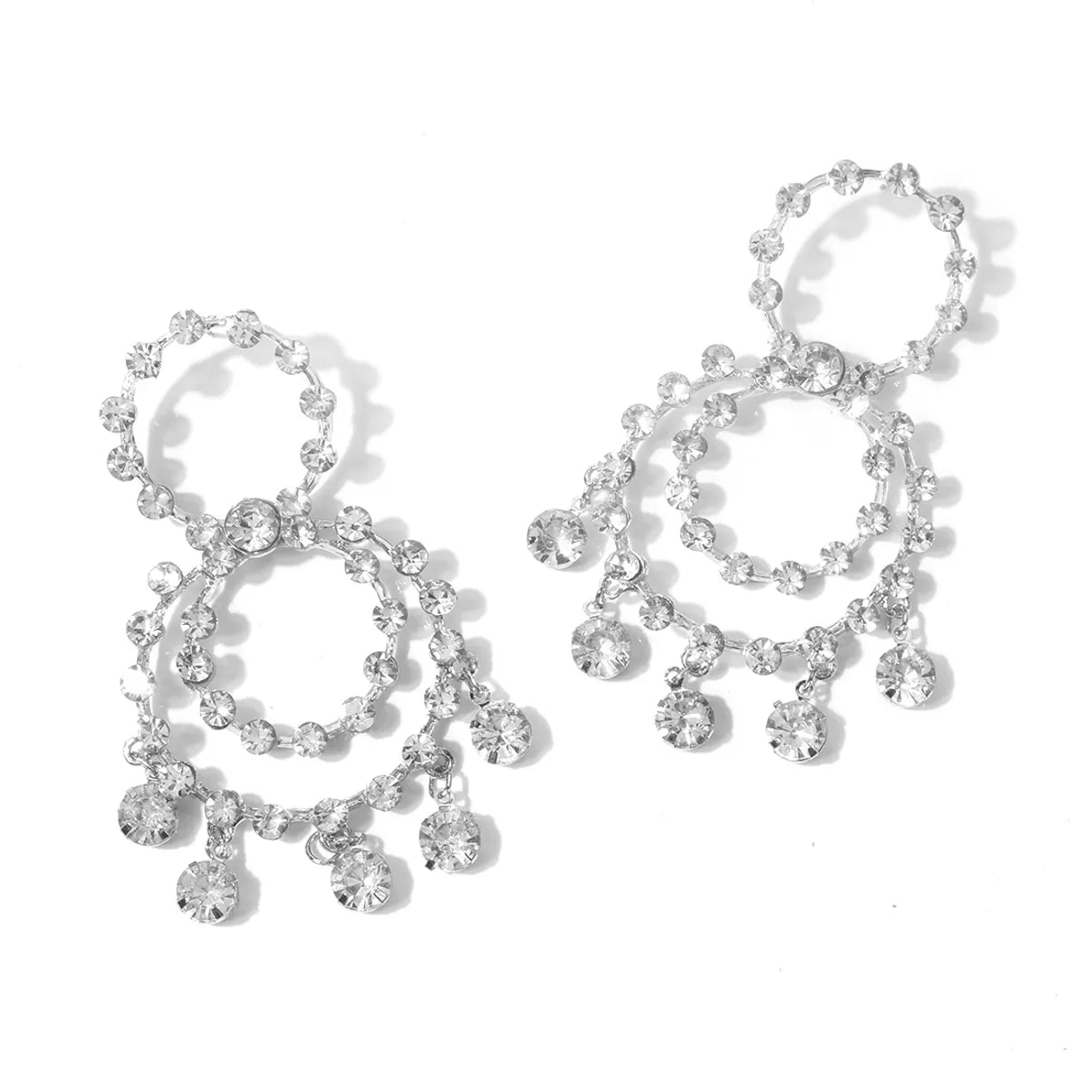 1 Pair Elegant Streetwear Double Ring Water Droplets Tassel Inlay Alloy Artificial Crystal Drop Earrings