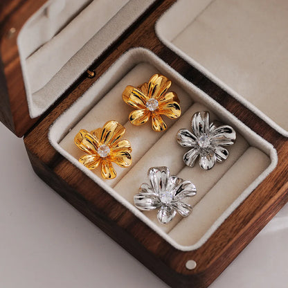 1 Pair Elegant Streetwear Flower Inlay Copper Zircon 18K Gold Plated Ear Studs