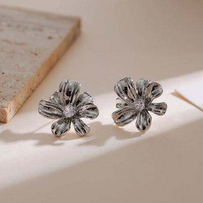 1 Pair Elegant Streetwear Flower Inlay Copper Zircon 18K Gold Plated Ear Studs