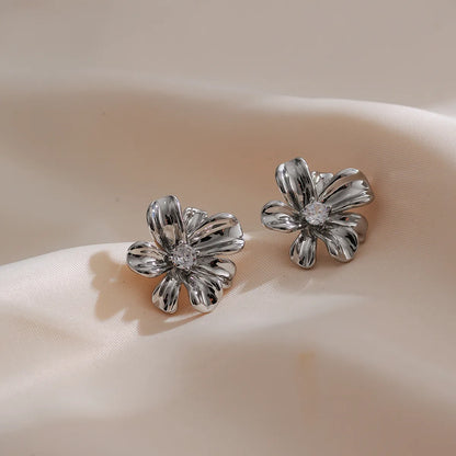 1 Pair Elegant Streetwear Flower Inlay Copper Zircon 18K Gold Plated Ear Studs