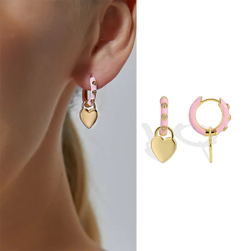 1 Pair Elegant Streetwear Square Heart Shape Epoxy Inlay Brass Zircon 18K Gold Plated Drop Earrings