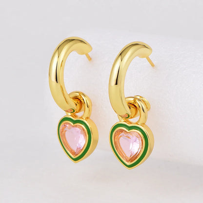 1 Pair Elegant Streetwear Square Heart Shape Epoxy Inlay Brass Zircon 18K Gold Plated Drop Earrings