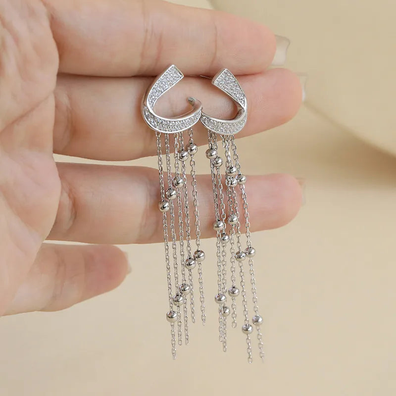 1 Pair Elegant Streetwear Tassel Lines Polishing Plating Inlay Sterling Silver Zircon White Gold Plated Drop Earrings