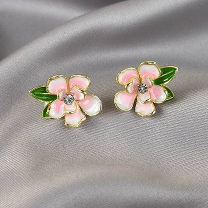 1 Pair Elegant Sweet Artistic Flower Enamel Inlay Alloy Rhinestones Ear Studs