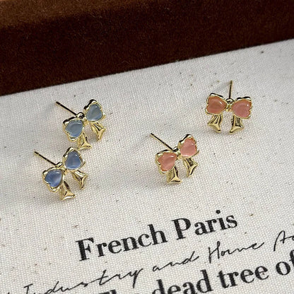 1 Pair Elegant Sweet Bow Knot Inlay Alloy Rhinestones Opal Ear Studs