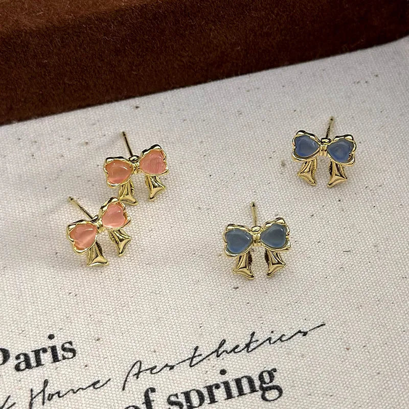 1 Pair Elegant Sweet Bow Knot Inlay Alloy Rhinestones Opal Ear Studs