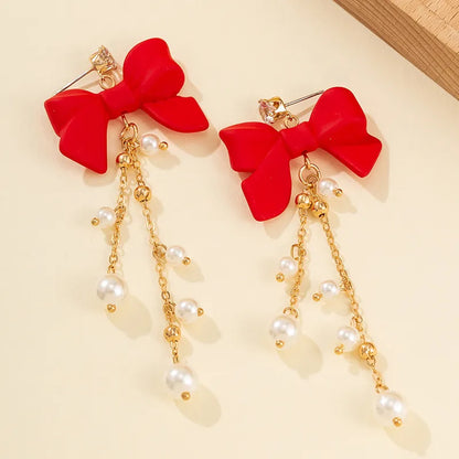 1 Pair Elegant Sweet Bow Knot Pearl Chain Inlay Alloy Rhinestones Drop Earrings